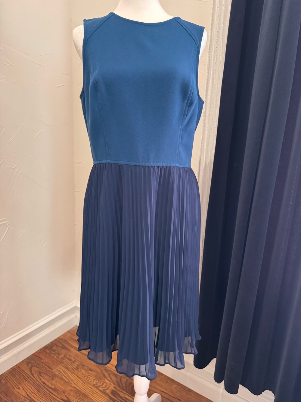 LOFT Bold Blue Bodice Navy Pleated Midi Dress